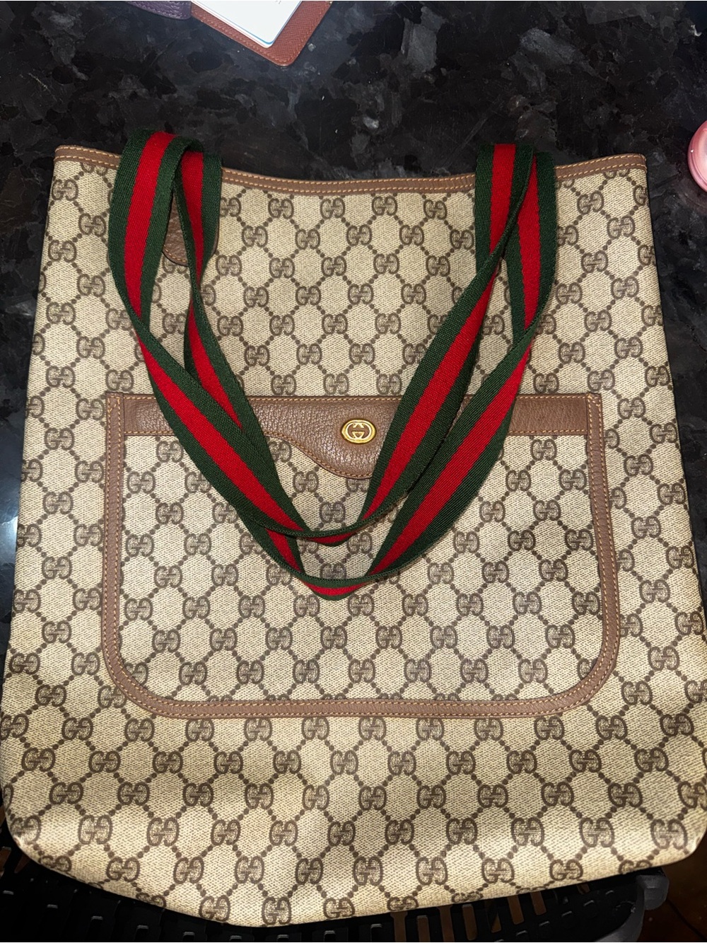Authentic Gucci Beige GG Canvas Tote with Red and Green Web Straps
